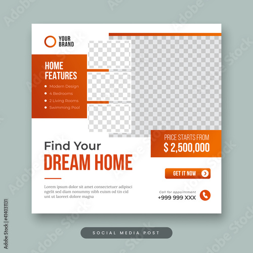 Find your dream home social media post template. Real estate square banner
