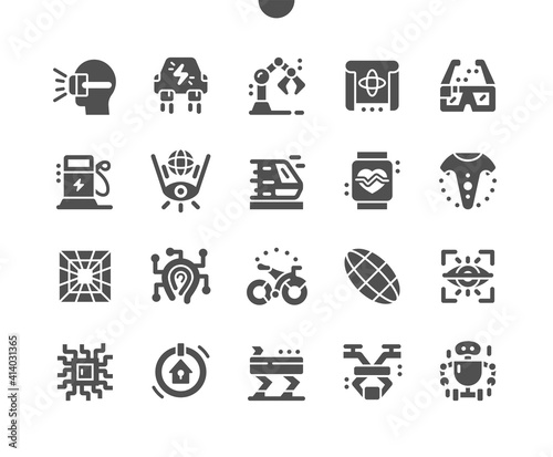 Technologies of the future. Virtual reality. Robotization. Vacuum trains. Solar panels and smart house. Vector Solid Icons. Simple Pictogram