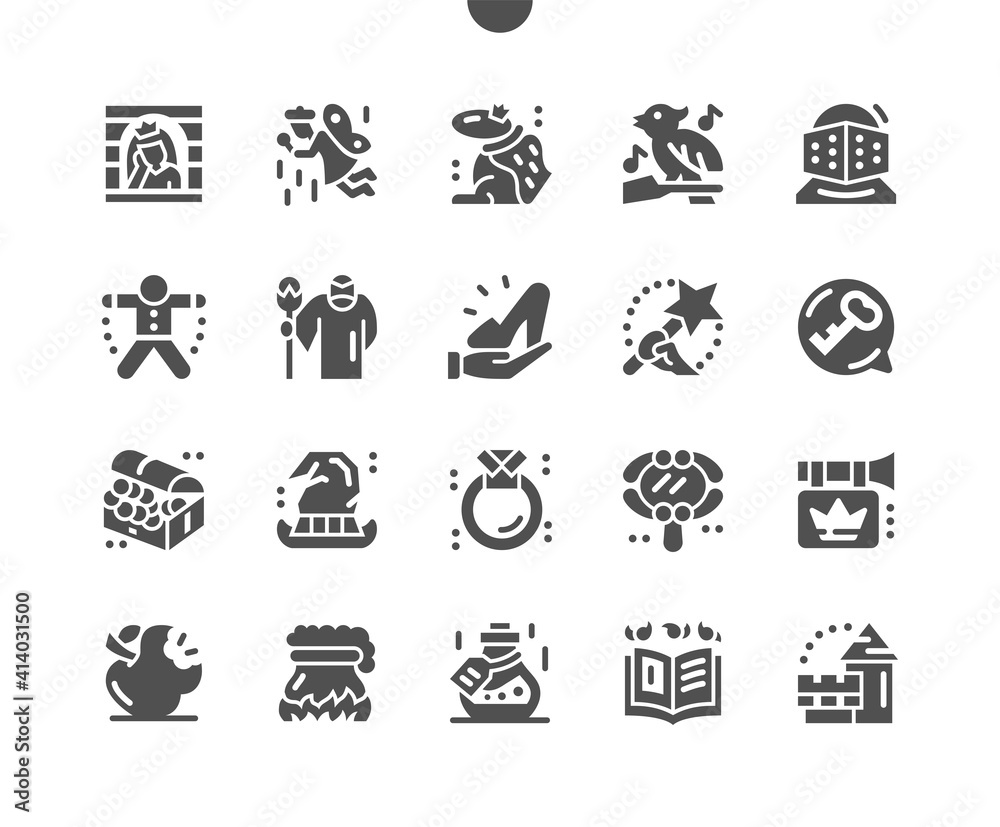 Fairy tales. Princess, cute, fantasy and magic. Witch hat. Spell book, ring, magic mirror and kingdom. Vector Solid Icons. Simple Pictogram