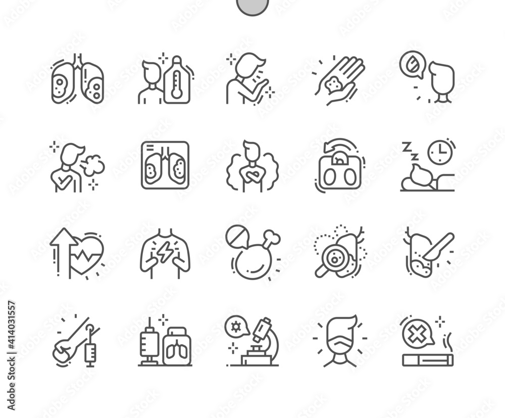 Tuberculosis. Medicine and health. Anemia. Fever high. Analysis, symptoms, treatment. Pixel Perfect Vector Thin Line Icons. Simple Minimal Pictogram