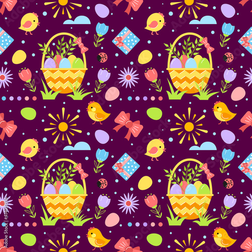 Easter seamless pattern with cute chicks.