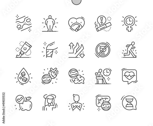 Atherosclerosis. Medicine and health. Analysis, symptoms, treatment. Hereditary disease. Chest pain. Vessels. Pixel Perfect Vector Thin Line Icons. Simple Minimal Pictogram