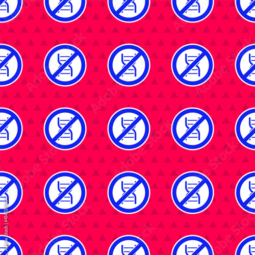 Blue Stop GMO icon isolated seamless pattern on red background. Genetically modified organism acronym. Dna food modification. Vector.
