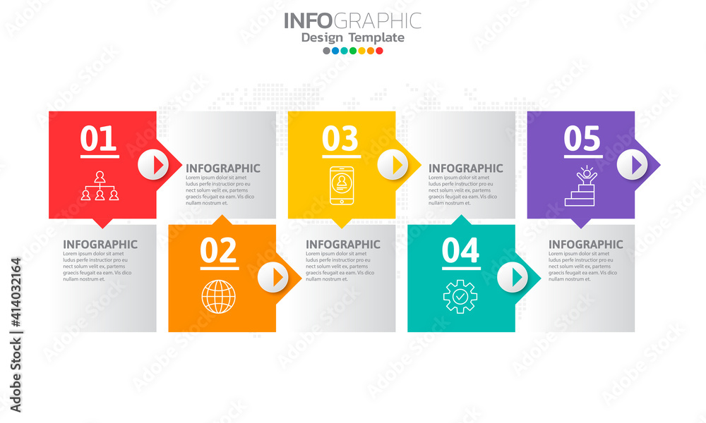 Timeline infographic template with arrows and 5 options flat design