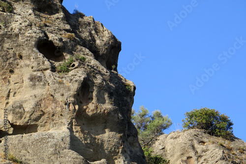 Rockscape against blue sky near Alora Andalusia