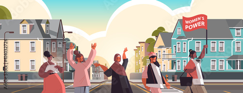 mix race girls activists stand together female empowerment movement women's community union of feminists concept cityscape background horizontal portrait vector illustration