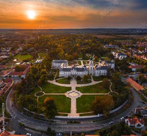 Keszthely, Hungary - Aerial panoramic view of Keszthely with the famous Festetics Palace (Festetics Kastely) and a golden autumn sunset. Keszthely has been located by Lake Balaton in Zala county