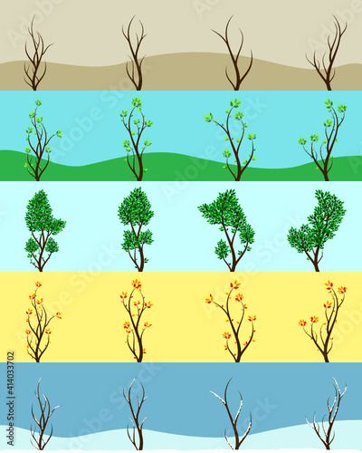 Four seasons of tree contain Spring Summer Autumn Winter and the dead one with weather background