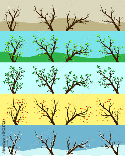 Four seasons of tree contain Spring Summer Autumn Winter and the dead one with weather background
