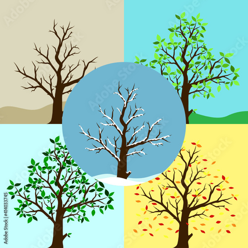 Four seasons of tree contain Spring Summer Autumn Winter and the dead one with weather background