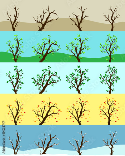 Four seasons of tree contain Spring Summer Autumn Winter and the dead one with weather background