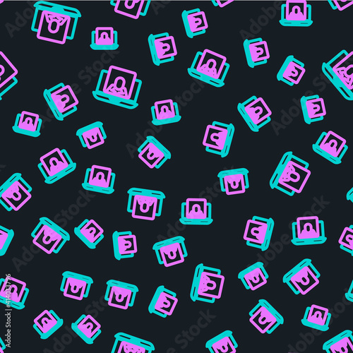 Line Online psychological counseling distance icon isolated seamless pattern on black background. Psychotherapy, psychological help, psychiatrist online consulting. Vector.
