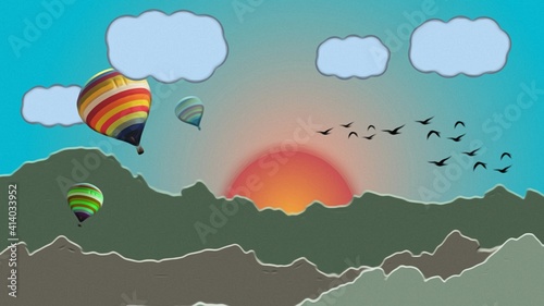 mountain rising sun parachute birds.