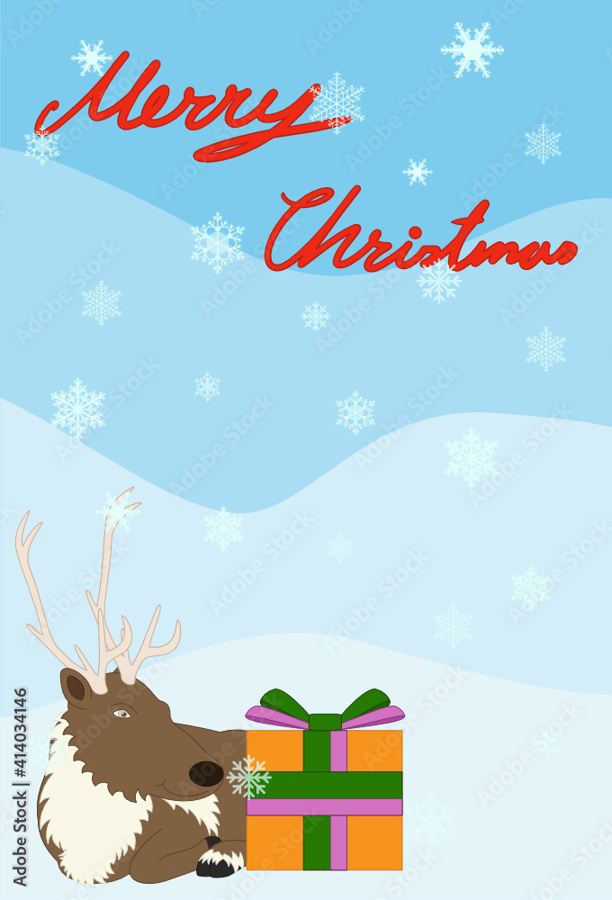cute Christmas card, banner, poster contain Rudolph reindeer lie down beside gift box and red alphabets on light blue land background with fall of snowflake cute Christmas card, banner, poster contain Rudolph reindeer lie down beside gift box and red alphabets on light blue land background with fall of snowflake