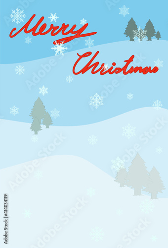 cute Christmas card, banner, poster contain courtyard and red alphabets on light blue land background with fall of snowflake