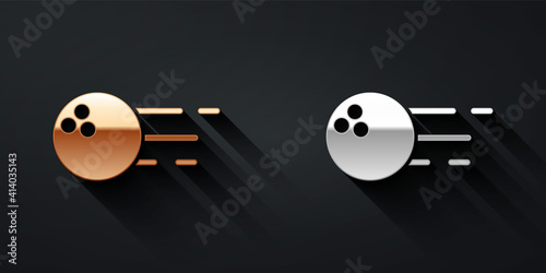 Gold and silver Bowling ball icon isolated on black background. Sport equipment. Long shadow style. Vector.