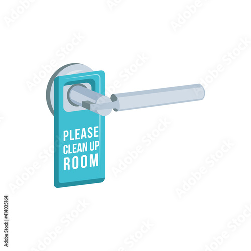 Blue hanger on doorknob with text Please clean up room a vector illustration