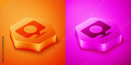 Isometric Map pointer with bowling ball icon isolated on orange and pink background. Sport equipment. Hexagon button. Vector.