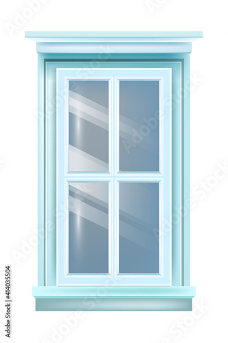 Closed retro house blue window exterior vintage view with sill, isolated on white background. Architecture exterior design object, decorated facade glass element. Retro window realistic illustration