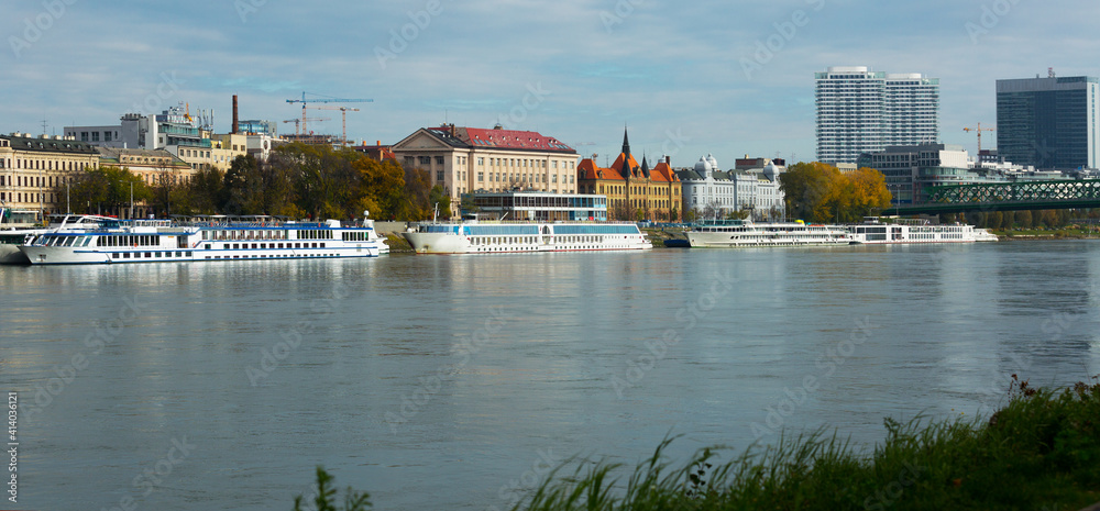 Panoramic view of Bratislava city with Danube river in autumn day