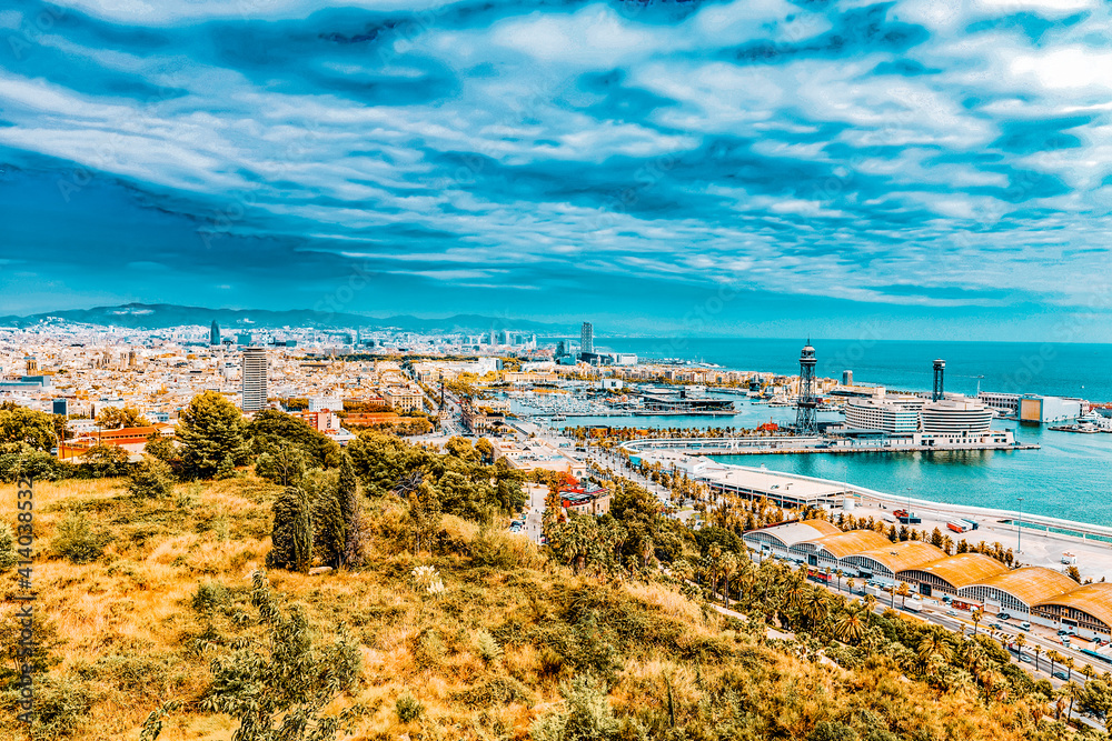 Fototapeta premium Panorama on Barcelona Seaport from Montjuïc castle.Catalonia.Spain .