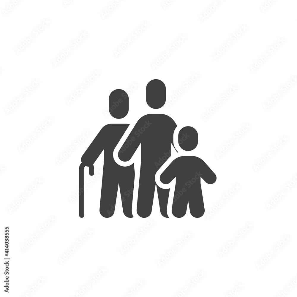 Grandfather with son and grandson vector icon. filled flat sign for mobile concept and web design. Father, son and grandpa glyph icon. Symbol, logo illustration. Vector graphics