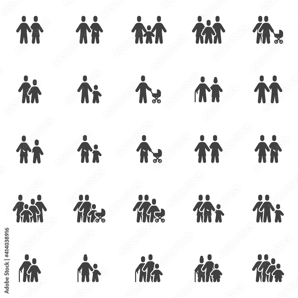 Family and relationship vector icons set, modern solid symbol collection, filled style pictogram pack. Signs, logo illustration. Set includes icons as four people family, mother, father, son, daughter Family and relationship vector icons set, modern solid symbol collection, filled style pictogram pack. Signs, logo illustration. Set includes icons as four people family, mother, father, son, daughter