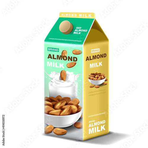 Paper package Almond milk with splashing liquid and seeds on isolated background, vector illustration