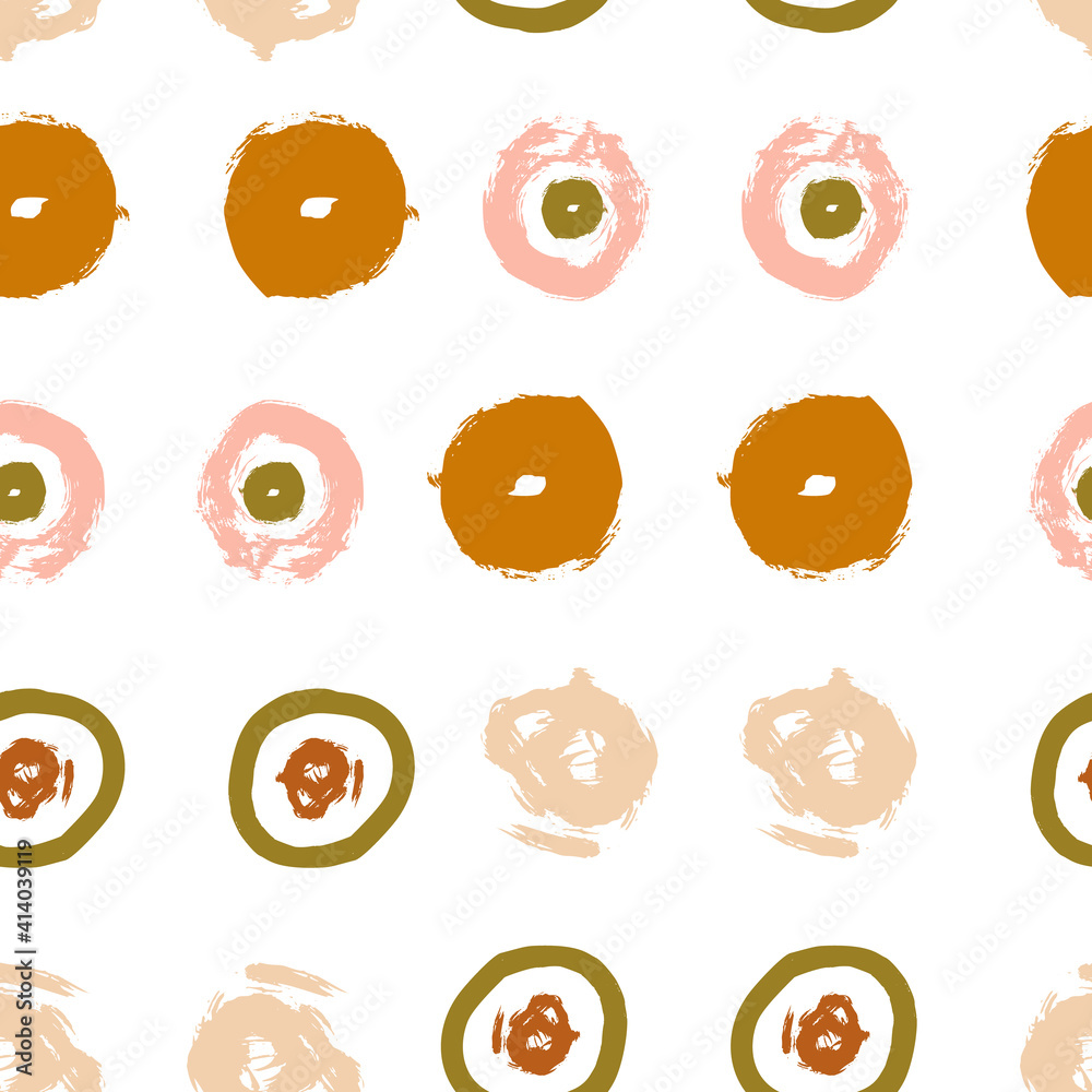 Painted circles background. Acrylic paint or ink rounded hand painted brush strokes. Vector seamless pattern in pastel colors. Retro scandinavian style colorful abstract decorative ornament