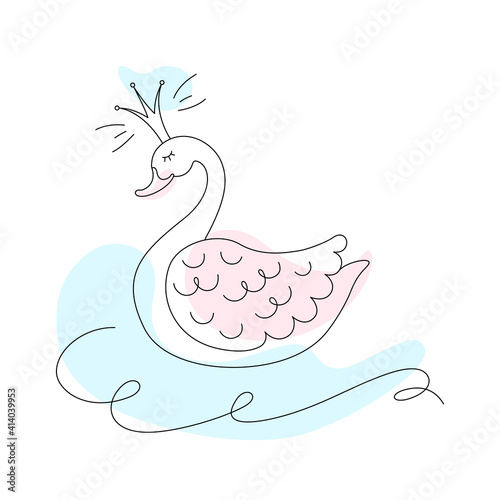 The Swan Princess with her eyes closed. The Silhouette of a swan and a wave. Swan Lake. Ballet. Doodle illustration. Outline and Line drawing style. A design element for a postcard, ticket, and banner