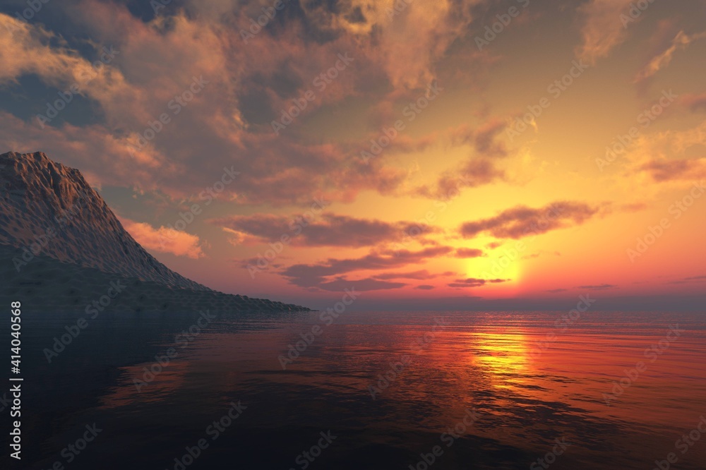 Sea sunset, ocean sunset, sun over water, sunny path on water, wild snowy coast at sunset, 3D rendering