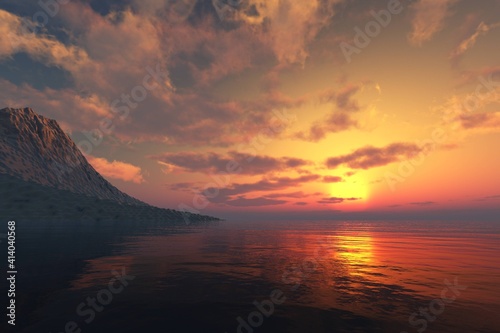 Sea sunset, ocean sunset, sun over water, sunny path on water, wild snowy coast at sunset, 3D rendering