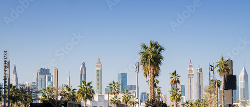 Panorama of modern skyscrapers in the financial district at sunny time. Banner.