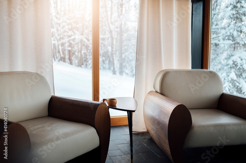 Details of interior with two chairs and winter landscape outside the window.