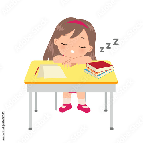 Cute girl sleeping in her study desk. Lazy kid concept. Flat vector cartoon style