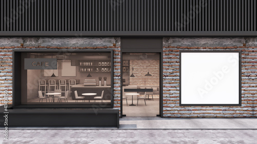 Front view Cafe shop and Restaurant design. Modern Loft wall brick frame windows black,Mock up frame on brick wall,Concrete floor- 3D render