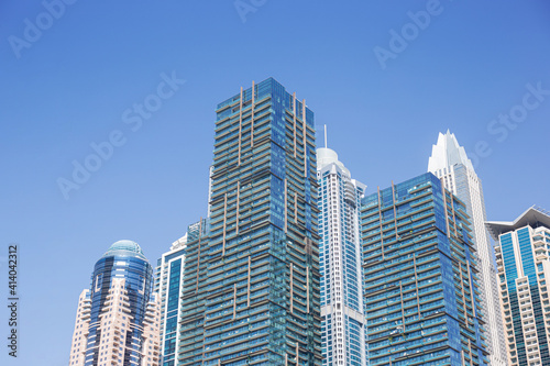 Modern towers or skyscrapers in the financial district at sunny time.