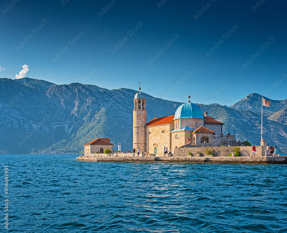 View on the temple Our Lady of the Rock in Perast, Montenegro.