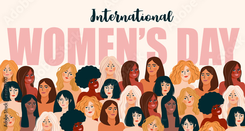 International Womens Day. Vector illustration with women different nationalities and cultures.