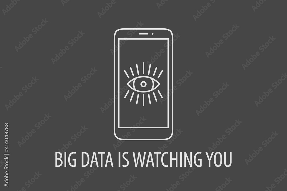 Big data is watching you - spying smartphone concept. Vector illustration of linear smartphone icon with eye symbol on the screen