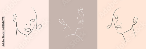 Set of minimal woman fale line art. Woman portrait for beauty salon, logo and emblem. Collection of contemporary portrait line art vector for label and cosmetics