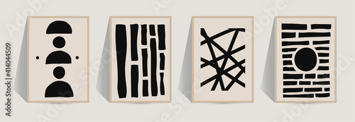 Abstract wall art, Set of 4 boho art prints, Minimal black shapes on beige, Living room wall art, Trendy wall decor. Abstract poster with black shapes for luxury bohemian interior. Hand drawn vector
