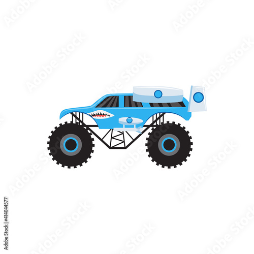 Blue monster truck with shark teeth - cartoon race car with giant wheels