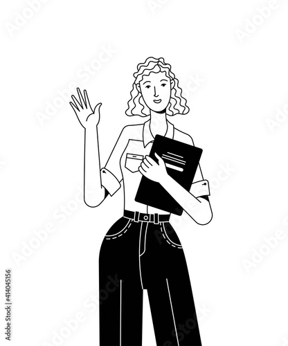 Young woman in office clothes holding documents and welcoming linear vector illustration. Friendly staff and proposal for cooperation black and white concept. Smiling female cartoon isolated character