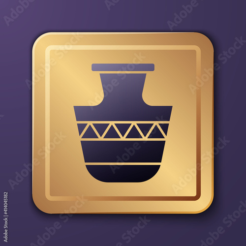 Purple Ancient amphorae icon isolated on purple background. Gold square button. Vector.