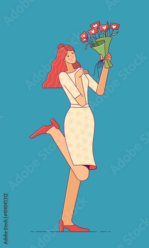 Lovely lady in dress with social media likes bouquet. Social network heart icons in hand. Happy young woman got a lot of likes on the social network concept. Cartoon character color vector drawing
