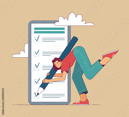 Positive woman stands by mobile app and marks checkbox with pencil. List of things to do, required items, questionnaire, time management, effective daily tasks. Vector cartoon onboarding illustration