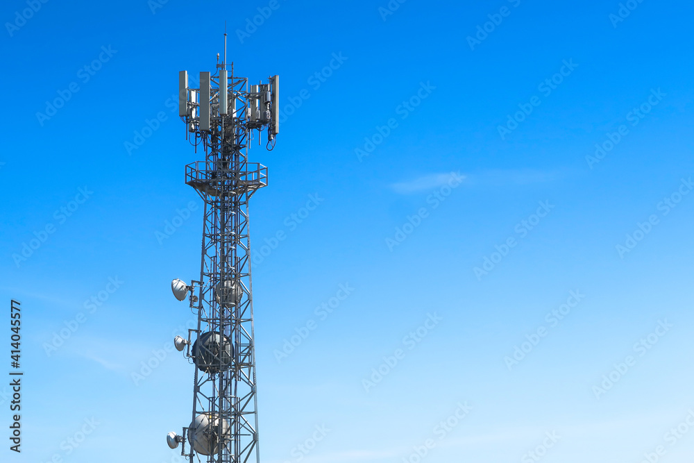 Telecommunication tower phone networkon on blue sky  right space
