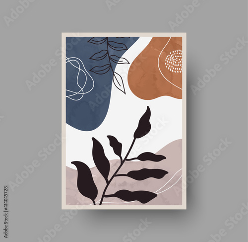 Botanical wall art abstract vector. Foliage line drawing. Neutral boho art print. Minimal mid century wall art print for bedroom decor. Gallery decor poster, terracota watercolor for bohemian interior