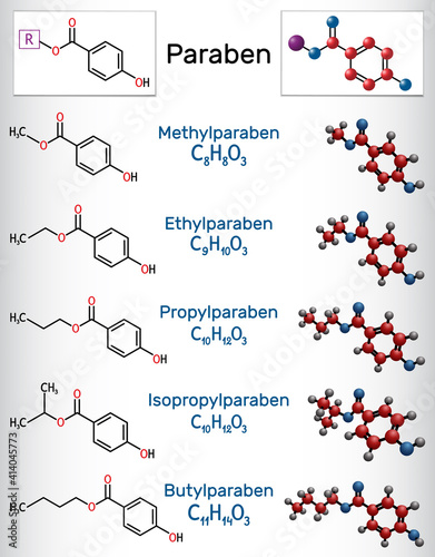 Paraben molecule. Methylparaben, ethylparaben, propylparaben, isopropylparaben, butylparaben. It is antimicrobial, antifungal preservative photo